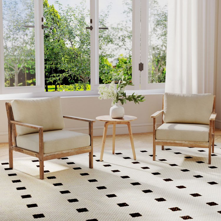 Modern accent chairs with solid rubber wood armrests and removable cushions, perfect for living room or study use.