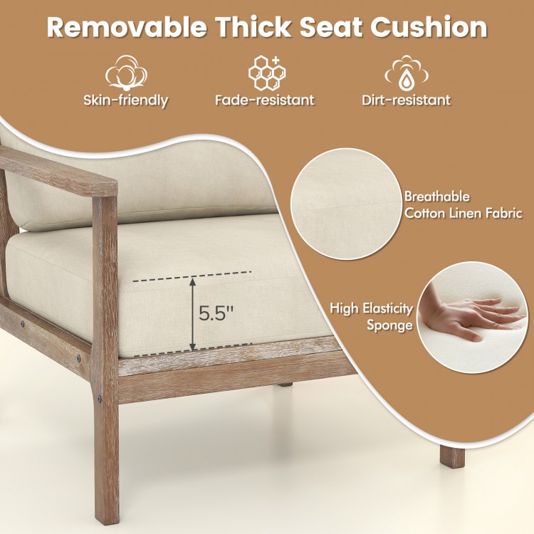 Modern accent chair featuring solid rubber wood armrests and a removable 5" thick cotton linen seat cushion for comfort.
