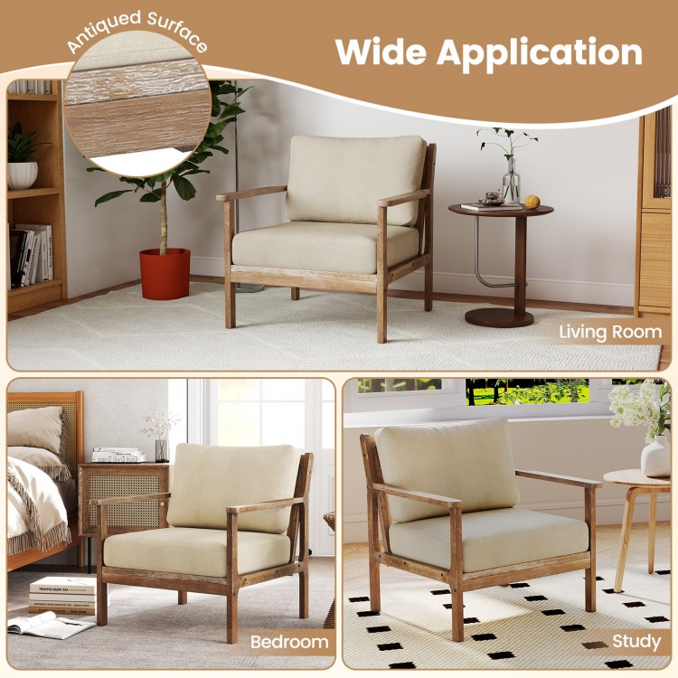 Modern accent chair with solid rubber wood armrests and thick cushion, perfect for living room or study use.