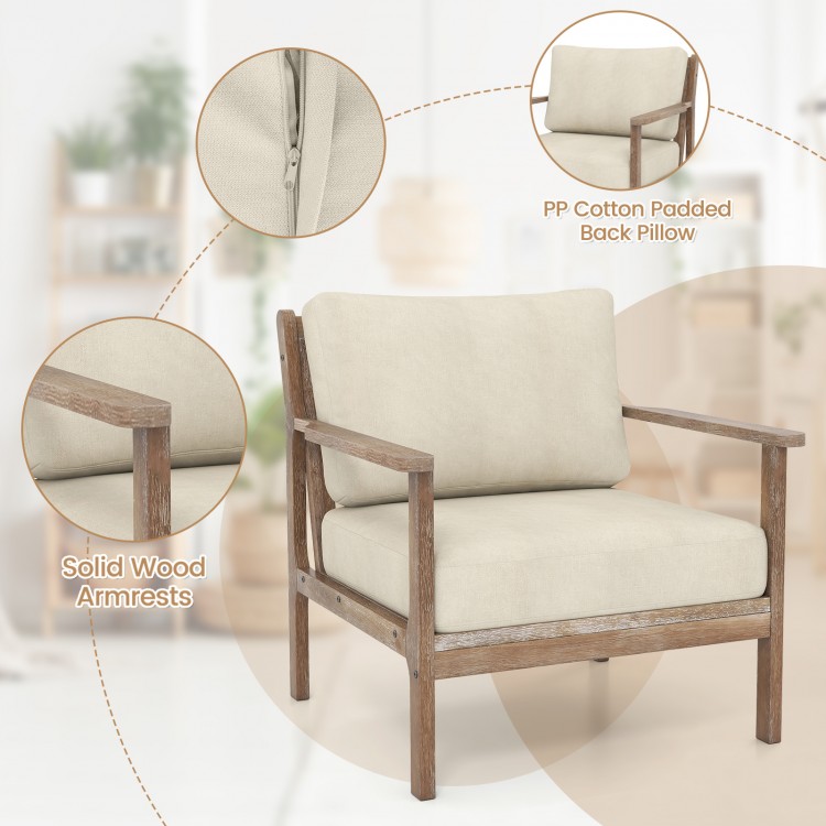 Modern accent chair featuring solid rubber wood armrests, removable thick seat cushion, and PP cotton padded back.