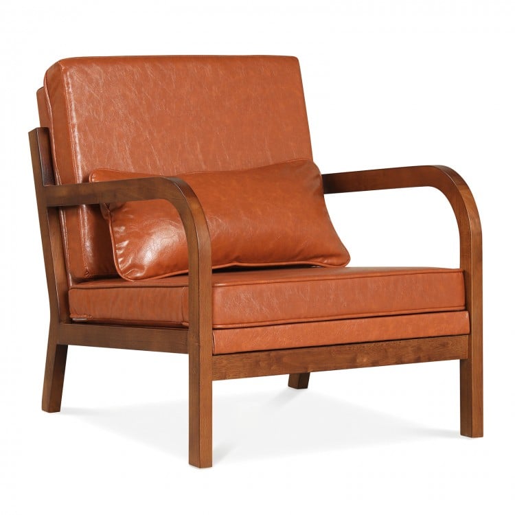 Modern accent chair with brown faux leather upholstery and removable cushions, perfect for living rooms and reading.