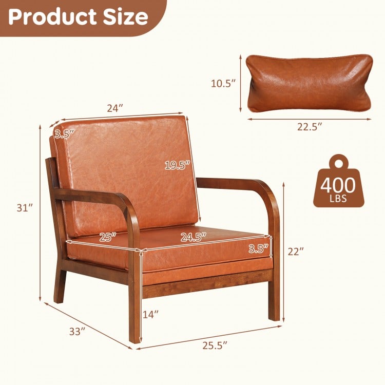 Modern accent chair in brown faux leather with removable cushions, sturdy rubber wood frame, ideal for living rooms.