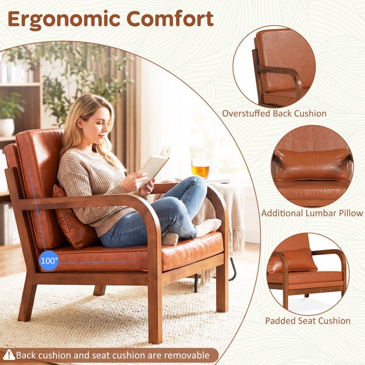 Modern accent chair in brown faux leather with overstuffed back cushion and removable lumbar pillow for cozy support.