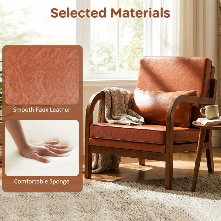 Brown faux leather accent chair with removable cushions and comfortable sponge, perfect for living rooms and home.