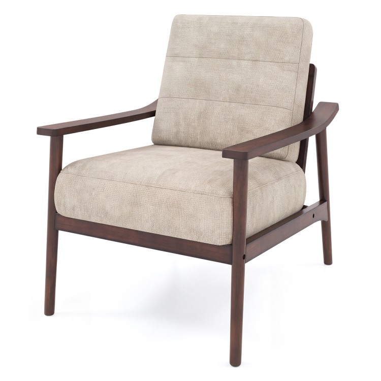 Modern accent chair with a rubber wood frame and inclined backrest, providing stylish support for reading or relaxation.