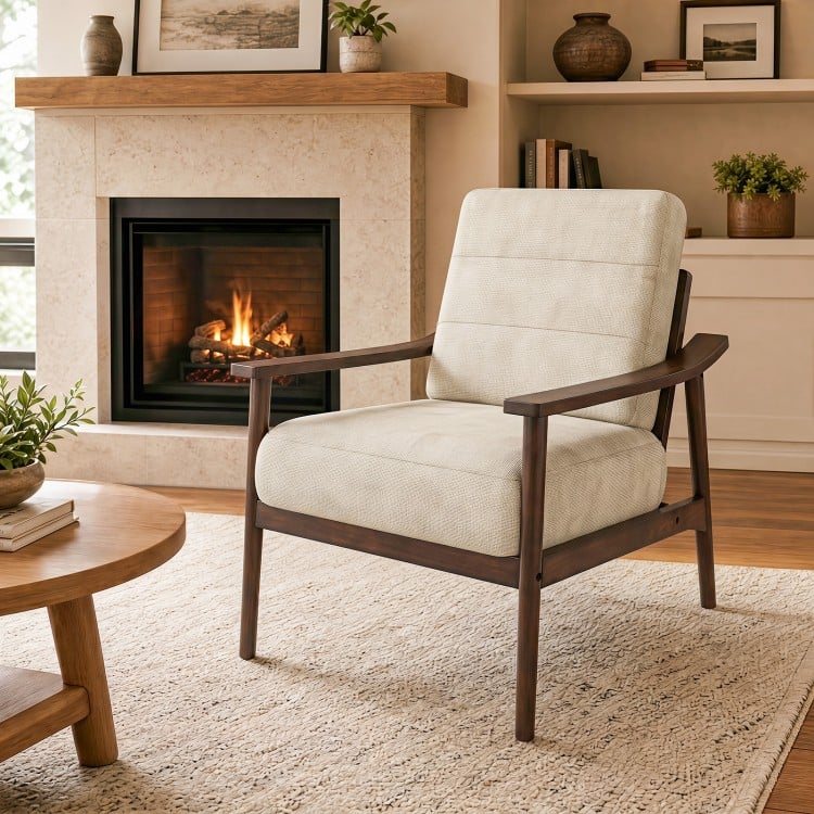 Modern accent chair with rubber wood armrests and legs, featuring a large padded seat for comfort in living rooms.