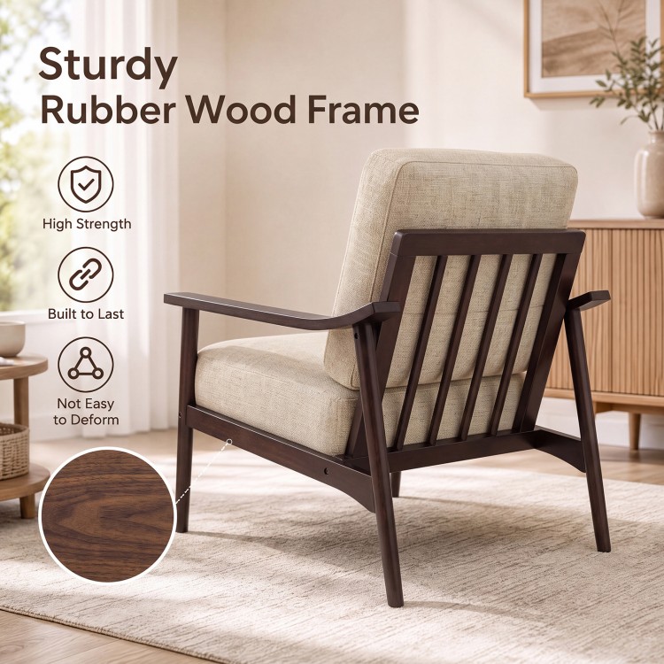 Modern accent chair with rubber wood frame and beige padded cushion, perfect for living room relaxation and support.