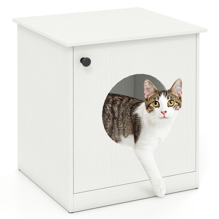 Modern cat litter box enclosure in white with a cat emerging from the circular entrance, suitable for small to large.