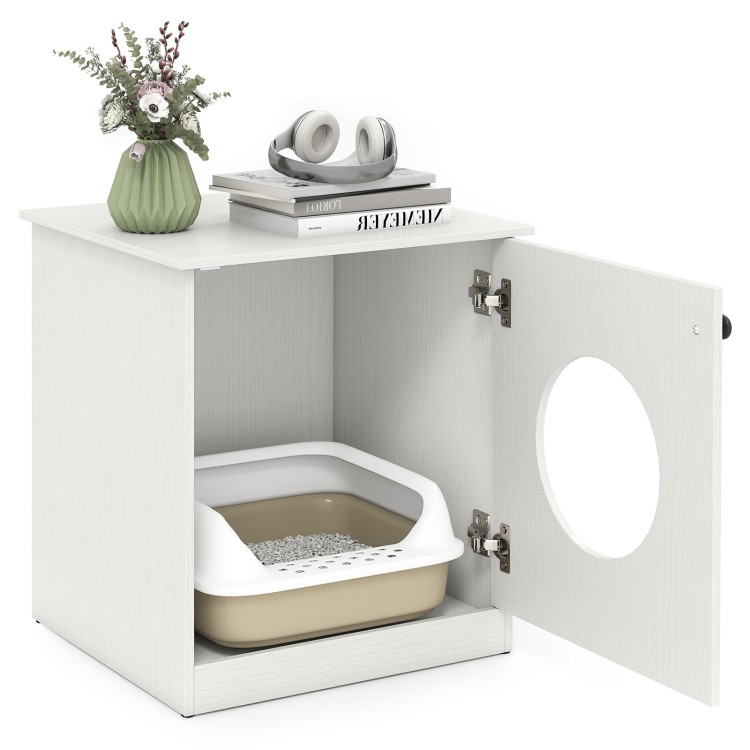 Modern cat litter box enclosure in white, designed for small to large cats, featuring a stylish open door and.