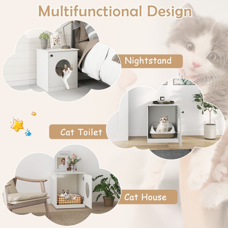 Modern cat litter box enclosure in white, serving as a nightstand, cat house, and toilet for small to large cats.