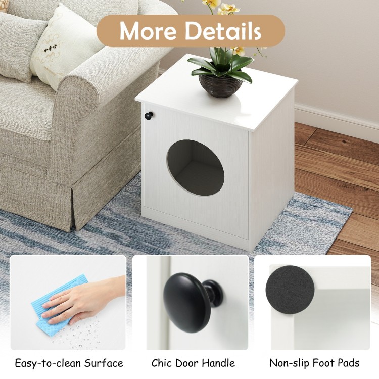 Modern cat litter box enclosure in white with chic door handle and non-slip foot pads, ideal for stylish pet spaces.