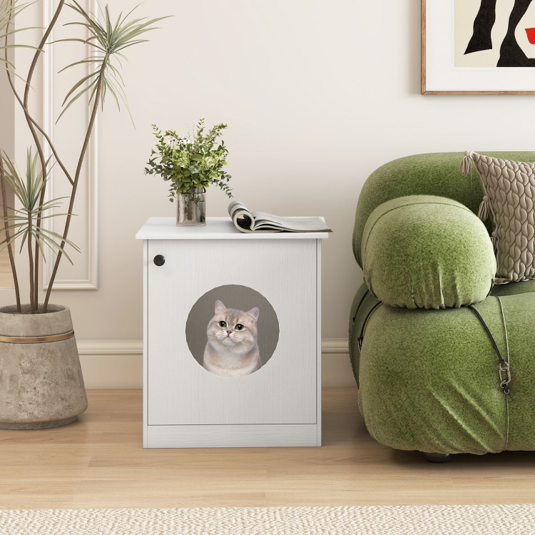 Modern cat litter box enclosure in white, featuring a circular opening for easy access, ideal for small to large cats.