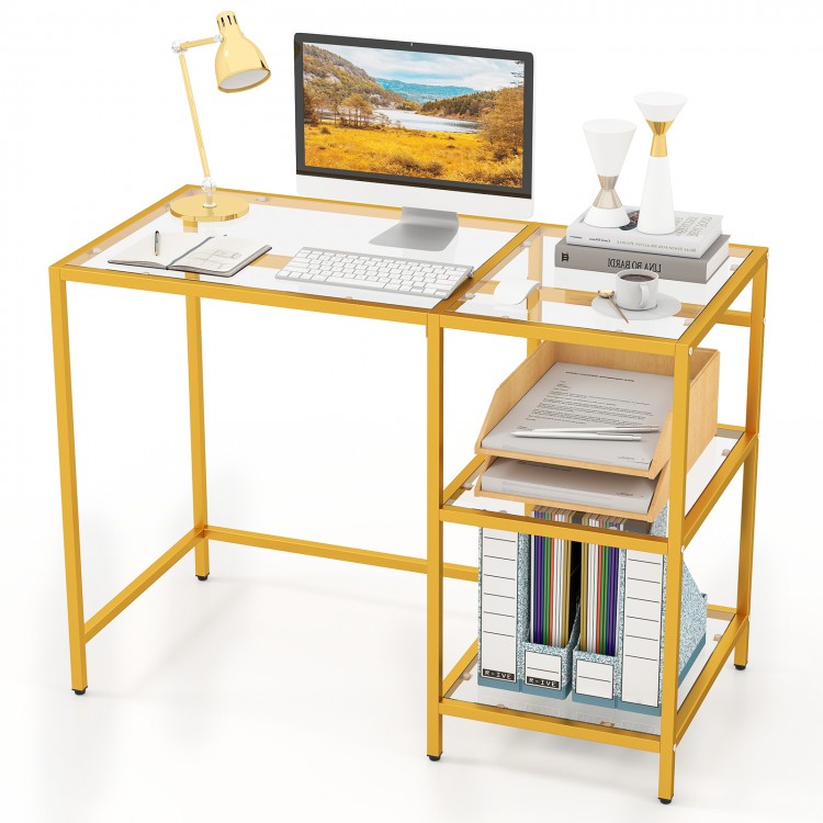 Modern console table with a golden metal frame, tempered glass top, and two open shelves for stylish organization.