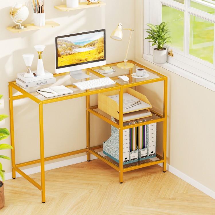 Modern console table with golden metal frame, two open shelves, and a spacious glass top, perfect for stylish office.