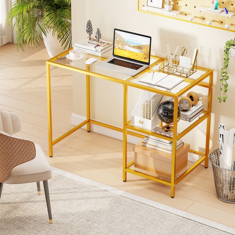Modern console table with a golden metal frame, featuring two open shelves and a wide tempered glass tabletop.
