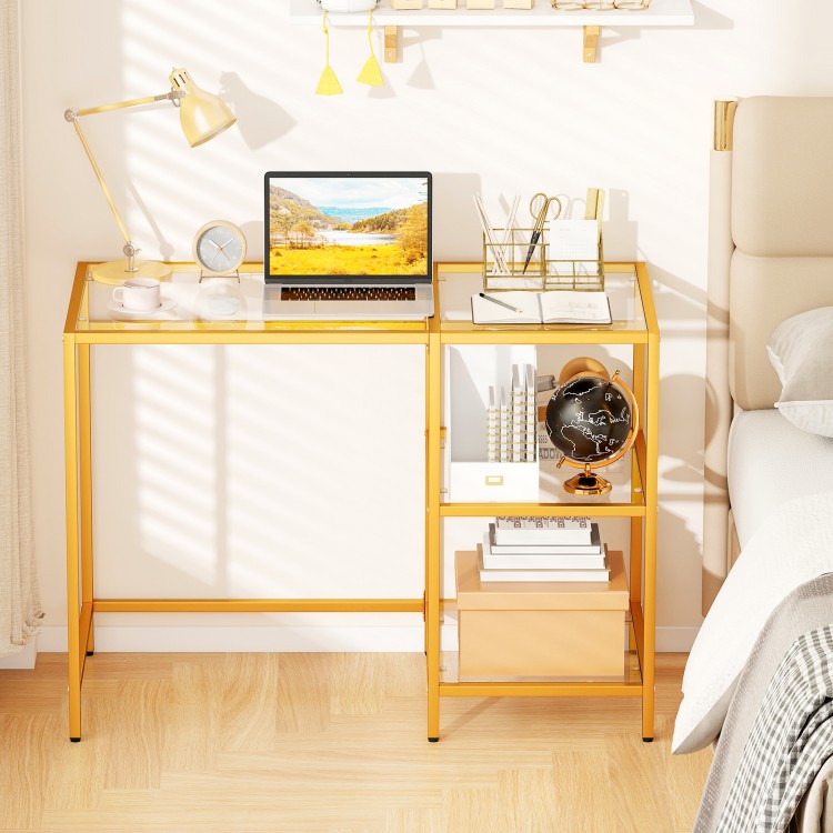 Modern console table with a gold metal frame, tempered glass top, and two open shelves for stylish home office use.