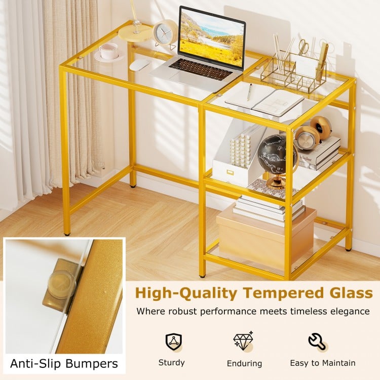Modern console table with gold metal frame and tempered glass top, featuring two open shelves for stylish organization.