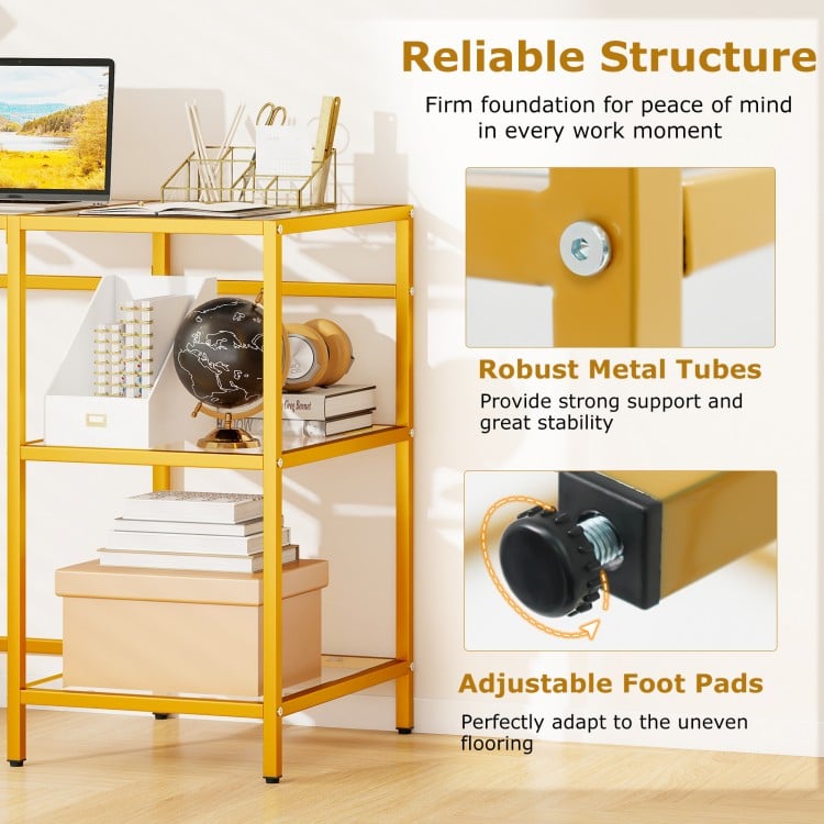 Modern console table with gold metal frame, two open shelves, and adjustable foot pads for stability on uneven floors.