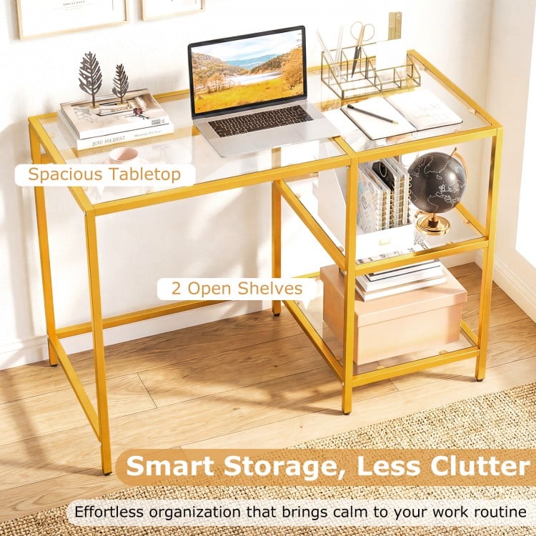 Modern console table with golden metal frame, spacious tabletop, and two open shelves for stylish organization.