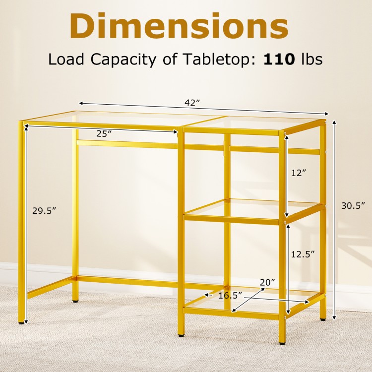 Modern console table dimensions with a golden metal frame, featuring two open shelves and a load capacity of 110 lbs.