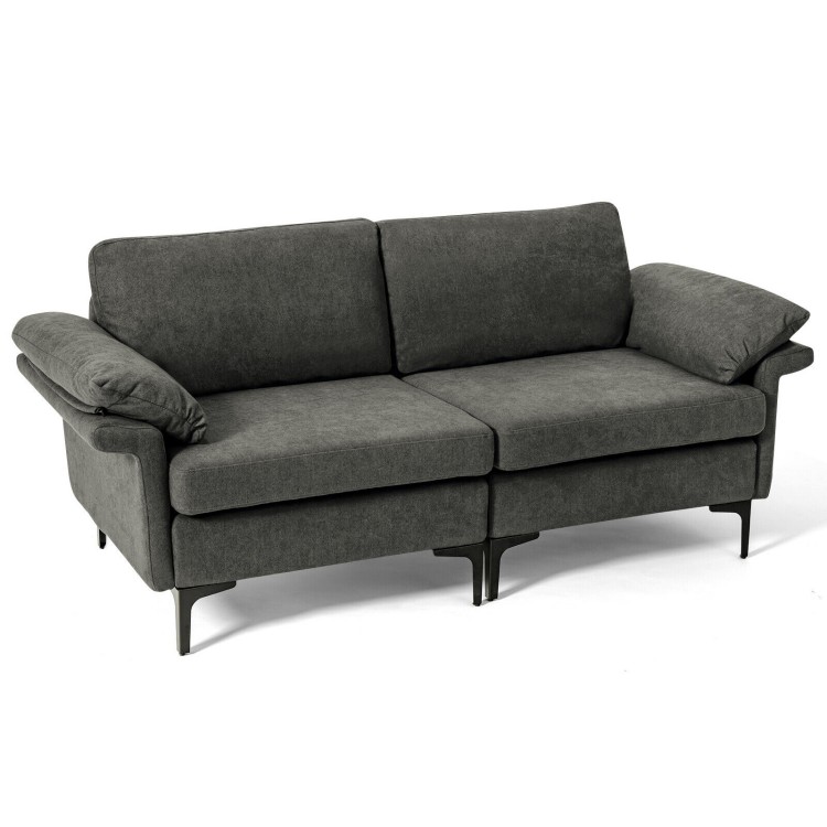 Gray modern fabric loveseat sofa featuring plush backrest cushions and armrest pillows, perfect for stylish apartment.