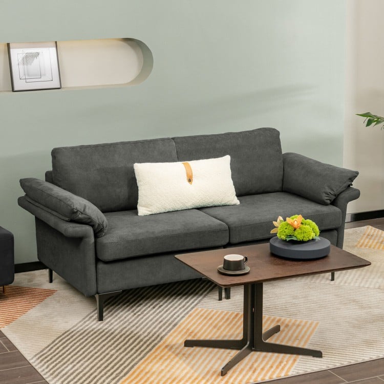 Gray modern fabric loveseat sofa with metal legs and armrest pillows, ideal for apartment or office seating.