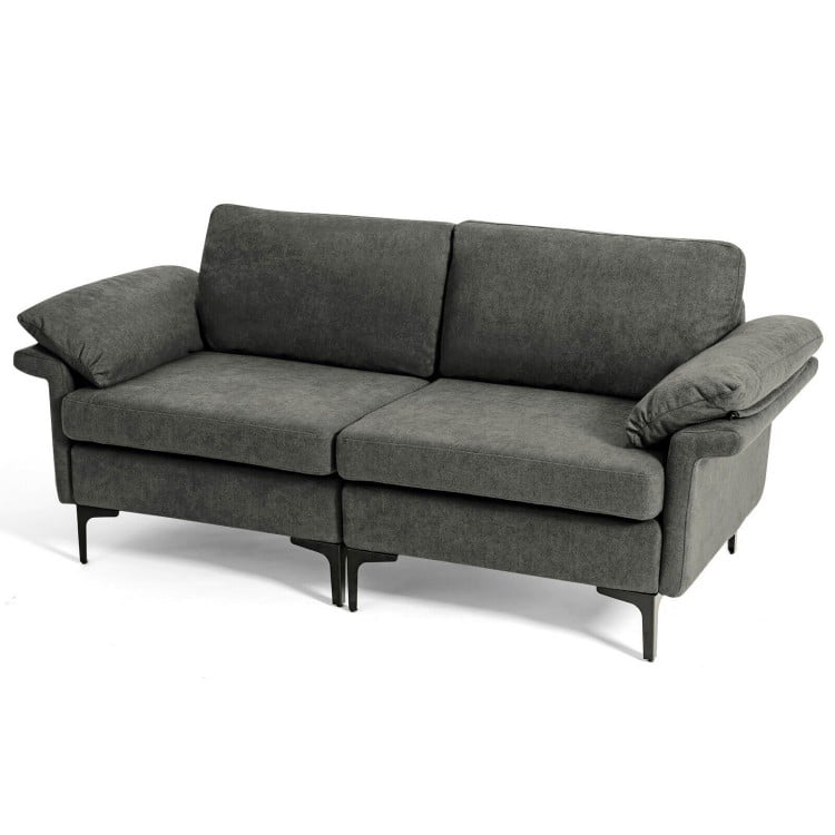Gray modern fabric loveseat sofa with metal legs and armrest pillows, designed for comfort and stability in compact.