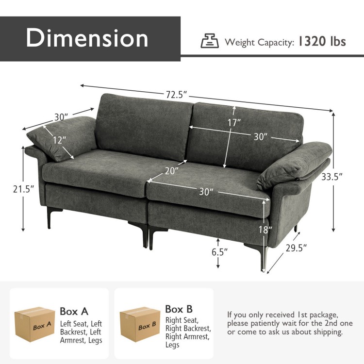 Gray modern fabric loveseat sofa with metal legs, featuring backrest cushions and armrest pillows for comfort.