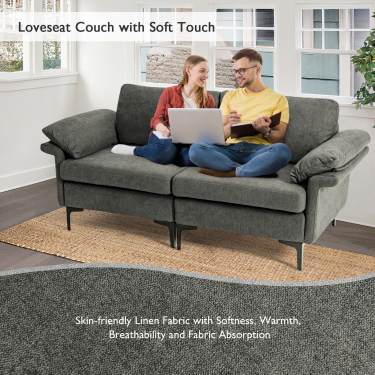 Gray modern fabric loveseat sofa with metal legs and armrest pillows, perfect for apartments and offices.