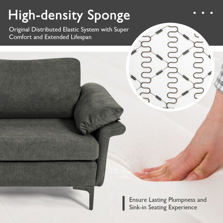 Gray modern fabric loveseat sofa showcasing high-density sponge and original spring system for lasting comfort and.