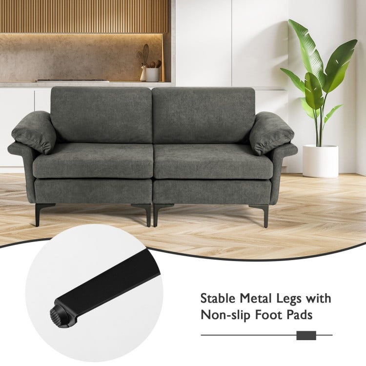 Close-up of stable metal legs with non-slip foot pads on a gray modern fabric loveseat sofa for enhanced stability.