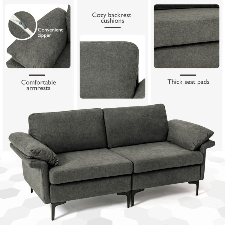 Gray modern fabric loveseat sofa with metal legs, featuring cozy backrest cushions and comfortable armrest pillows.