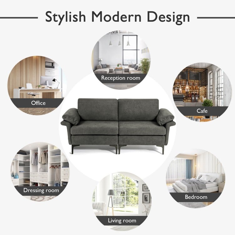 Gray modern fabric loveseat sofa with metal legs and armrest pillows, ideal for apartments and offices.