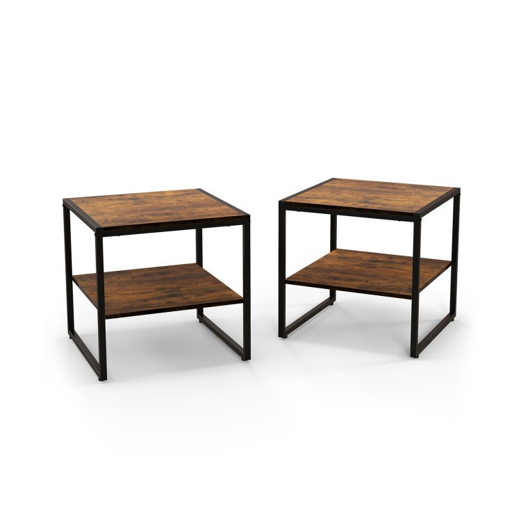 Two modern side tables with a rustic wood finish and metal frames, ideal for living room storage and décor.
