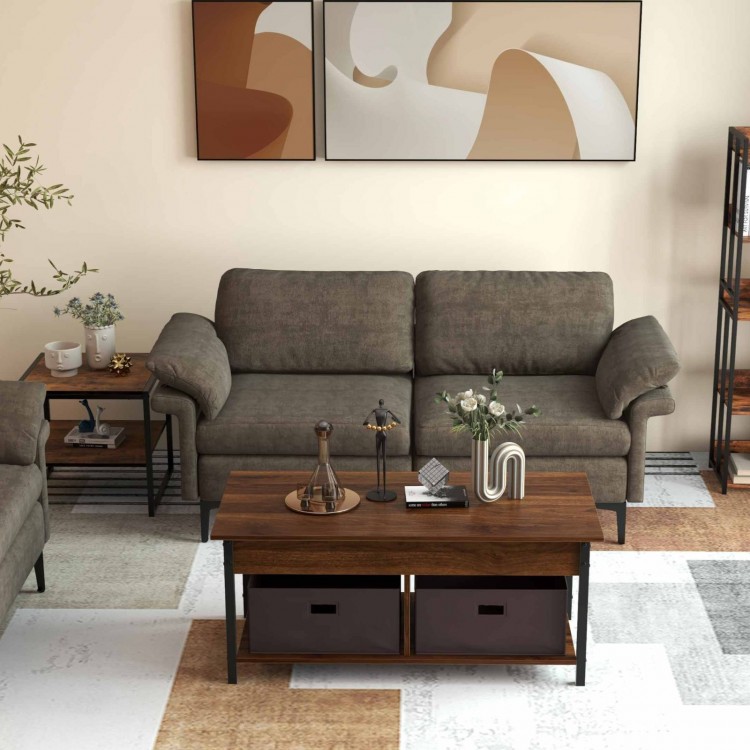 Modern fabric loveseat sofa with accent chair and two side tables, featuring durable metal frames and a cozy design.