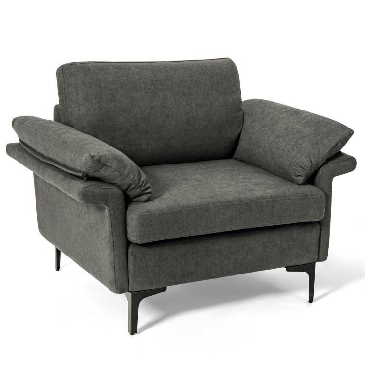 Upholstered accent chair in dark gray fabric with sloped backrest and metal legs, perfect for modern living rooms.