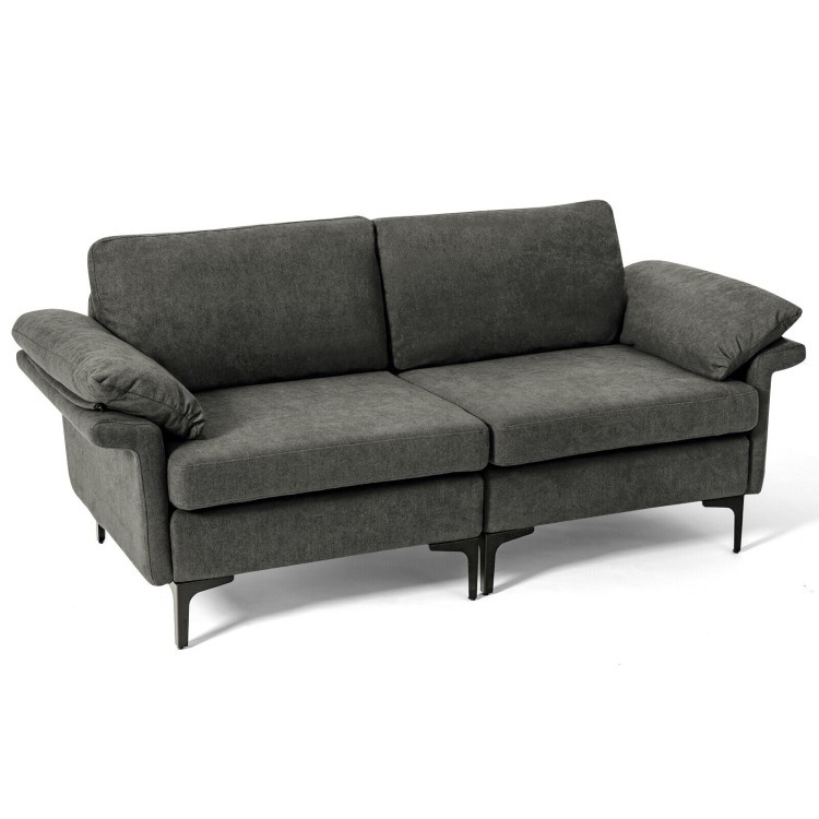 Compact modern fabric loveseat sofa in dark gray with soft cushions, ideal for living room or office seating.