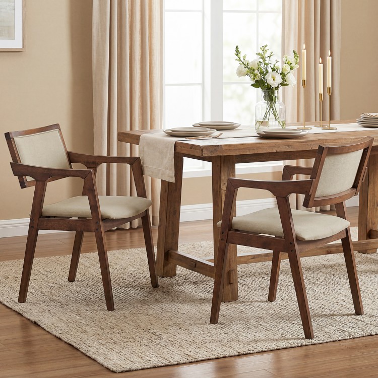 Modern fabric upholstered rubber wood dining chairs set of 2 with arms in beige, perfect for dining rooms or kitchens.