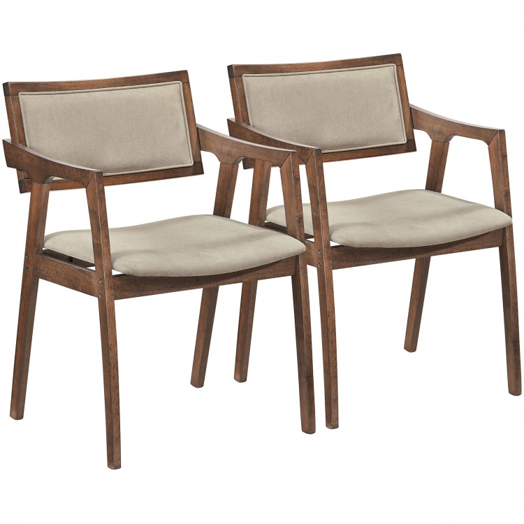 Set of 2 modern rubber wood dining chairs with beige fabric upholstery and armrests, perfect for dining or living rooms.