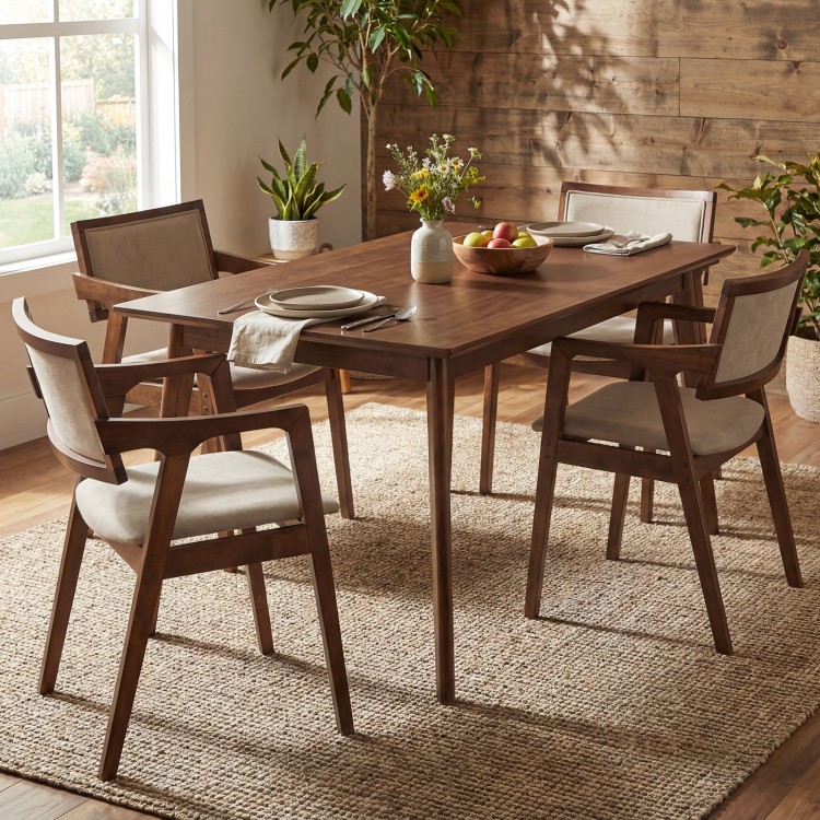 Beige upholstered dining chairs with arms, featuring solid rubber wood frames, ergonomic design, and mid-century modern.