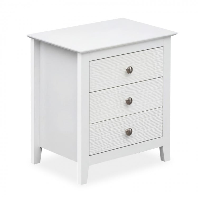 Modern Farmhouse 3-drawer nightstand in white with wood grain accents, featuring sleek knobs for stylish storage.