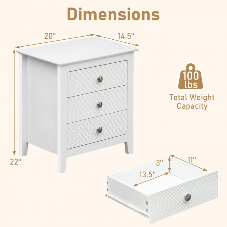 Modern Farmhouse 3-drawer nightstand in white with wood grain accents, featuring dimensions and storage details.