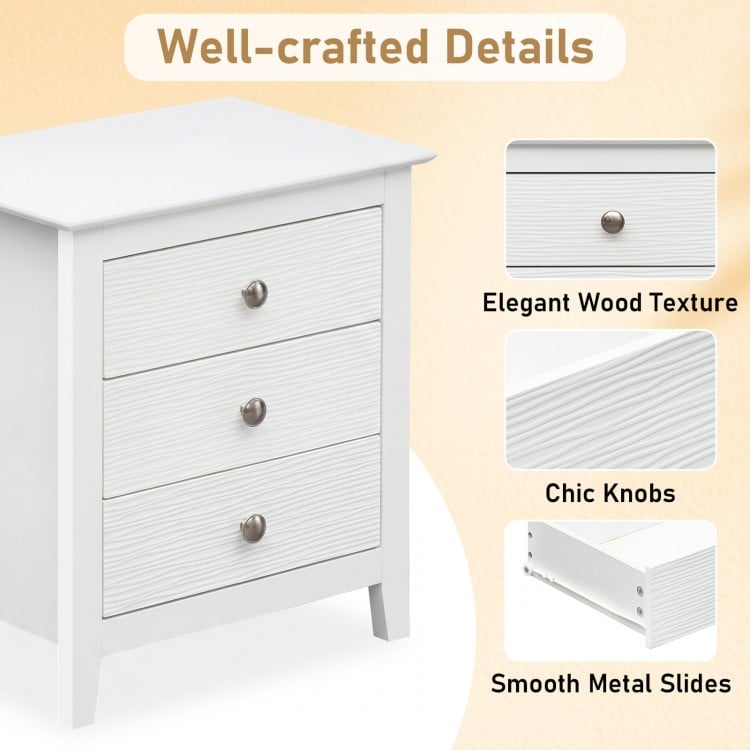 Modern farmhouse 3-drawer nightstand in white with elegant wood texture and chic knobs, ideal for bedroom storage.