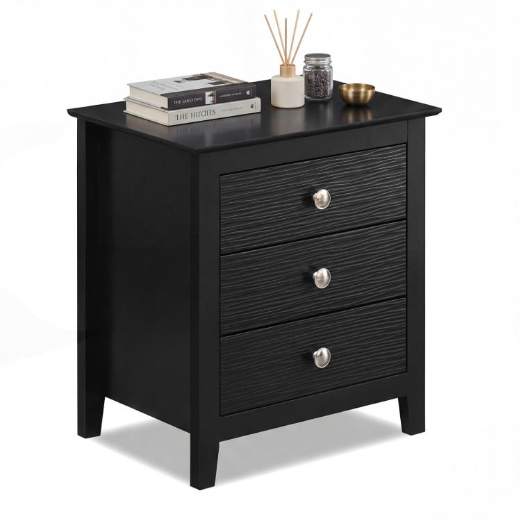 Modern farmhouse 3-drawer nightstand in black with wood grain accents, ideal for bedroom or living room storage.