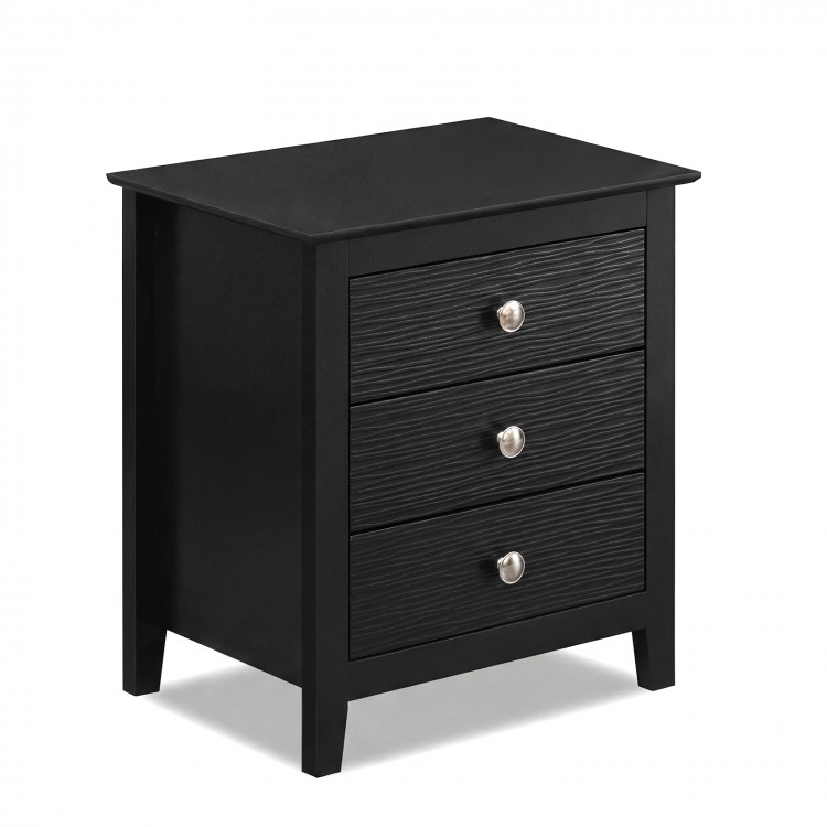 Black Modern Farmhouse 3-drawer nightstand with wood grain accents, spacious tabletop, and sleek knobs for versatile.