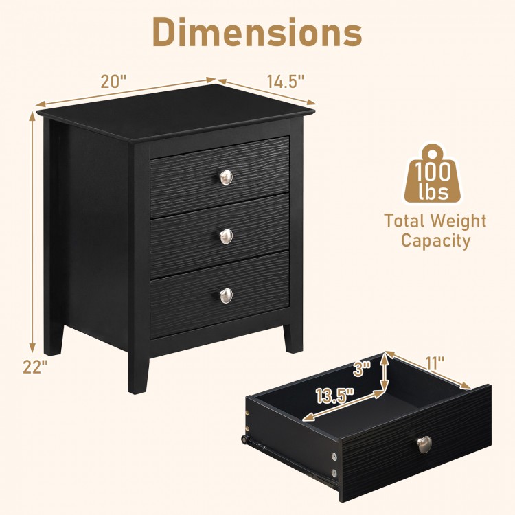 Modern Farmhouse 3-drawer nightstand in black with wood grain accents, showcasing dimensions and storage capacity.