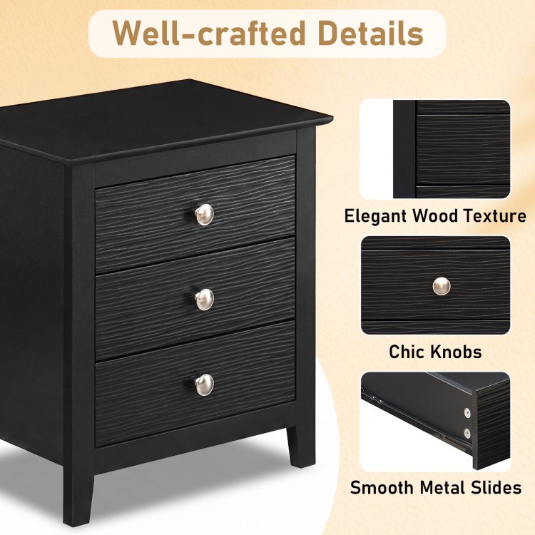 Modern farmhouse 3-drawer nightstand in black with elegant wood texture and chic knobs, perfect for bedroom storage.