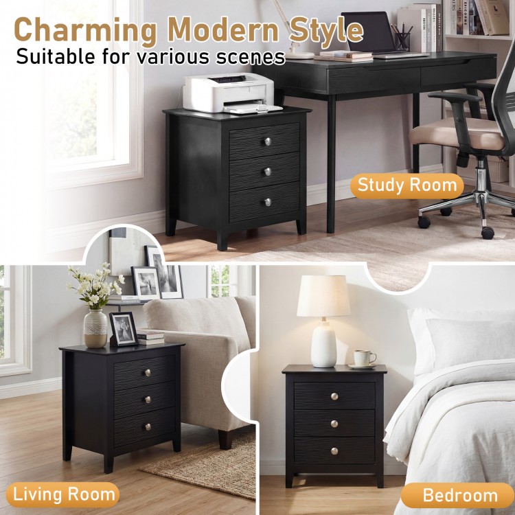 Modern farmhouse nightstand in black with three drawers and wood grain accents, suitable for study room organization.