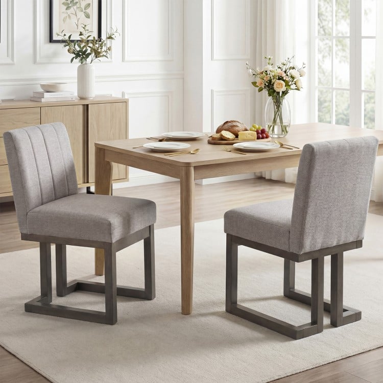Set of 2 gray modern farmhouse dining chairs with thick padded seats, perfect for comfortable family gatherings.