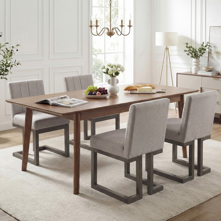Set of four gray modern farmhouse dining chairs with thick padded seats, perfect for comfortable family gatherings.